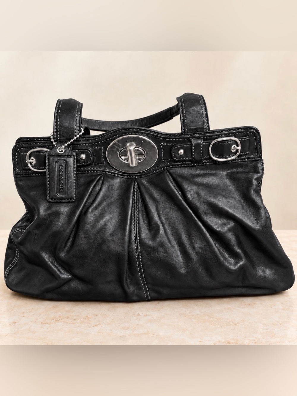 Coach Black Leather Pleated Satchel with silver 
Hardware